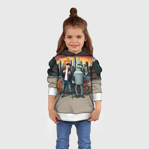 Детская толстовка Фрай и Бендер на фоне стены с граффити / 3D-Белый – фото 4