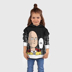 Толстовка-худи детская Ванпанчмен, цветной Сайтама на фоне иероглифов, цвет: 3D-белый — фото 2