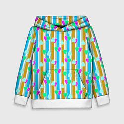 Толстовка-худи детская Полосатый с сердечками ретро в горошек, цвет: 3D-белый