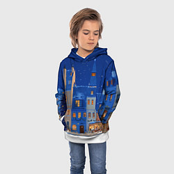 Толстовка-худи детская Синяя новогодняя елочка во дворе, цвет: 3D-белый — фото 2