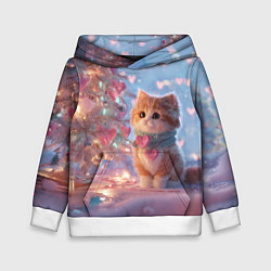 Толстовка-худи детская Маленький котенок у сияющей елочки, цвет: 3D-белый