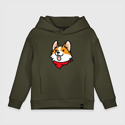 Толстовка оверсайз детская Корги в крашном шарфике, цвет: хаки