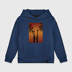 Толстовка оверсайз детская Жирафы и пальмы на закате, цвет: тёмно-синий