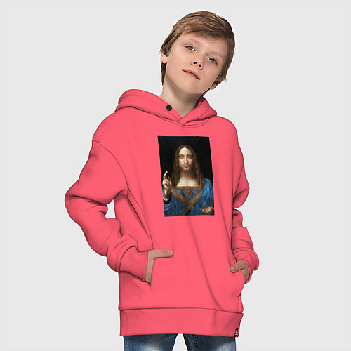 Детское худи оверсайз Спаситель мира Леонардо Да Винчи около 1500 / Коралловый – фото 4