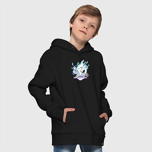 Детское худи оверсайз Cyberpunk 2077 neon samurai glitch art / Черный – фото 4