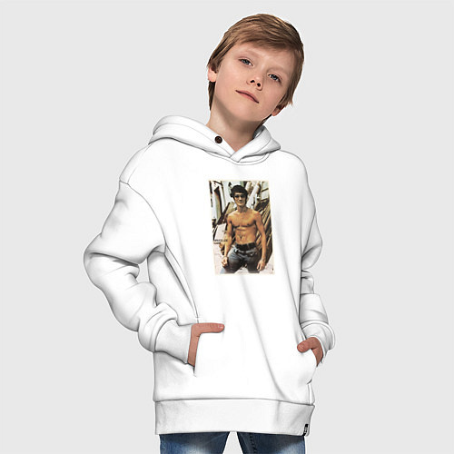 Детское худи оверсайз Брюс Ли - ретро постер / Белый – фото 4