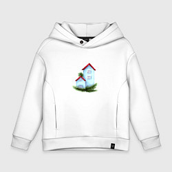 Толстовка оверсайз детская Новогодние домики на еловых ветках, цвет: белый