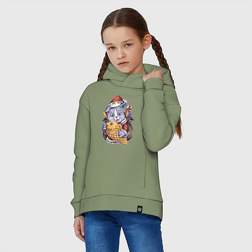Детское худи оверсайз Новогодний котик с рыбкой / Авокадо – фото 3