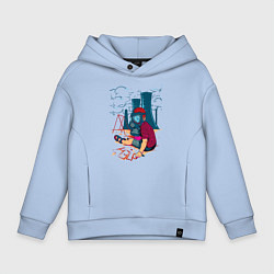 Толстовка оверсайз детская Мальчик в противогазе на детской площадке, цвет: мягкое небо