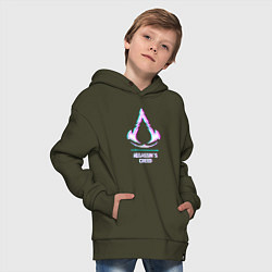 Толстовка оверсайз детская Assassins Creed в стиле glitch и баги графики, цвет: хаки — фото 2