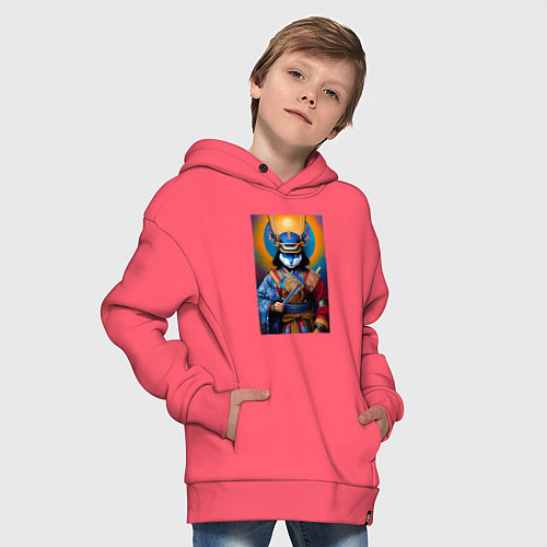 Детское худи оверсайз Кот-самурай - нейросеть / Коралловый – фото 4
