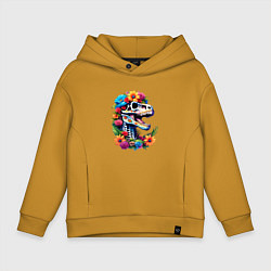 Толстовка оверсайз детская Череп тираннозавра с яркими цветами, мексиканский, цвет: горчичный