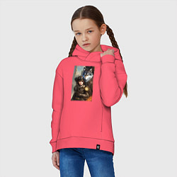 Толстовка оверсайз детская Крутая девчонка под защитой волка - стимпанк - ней, цвет: коралловый — фото 2