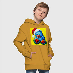 Толстовка оверсайз детская Плюшевый синий Санта мишка, цвет: горчичный — фото 2