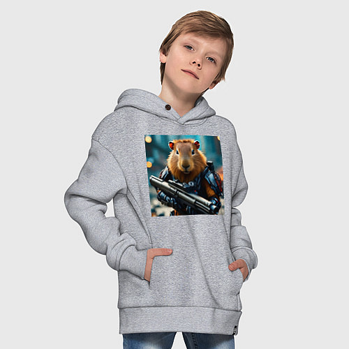 Детское худи оверсайз Мем вооруженная капибара и автомат / Меланж – фото 4