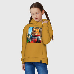 Толстовка оверсайз детская Рыжий кот рыцарь с мечом, цвет: горчичный — фото 2