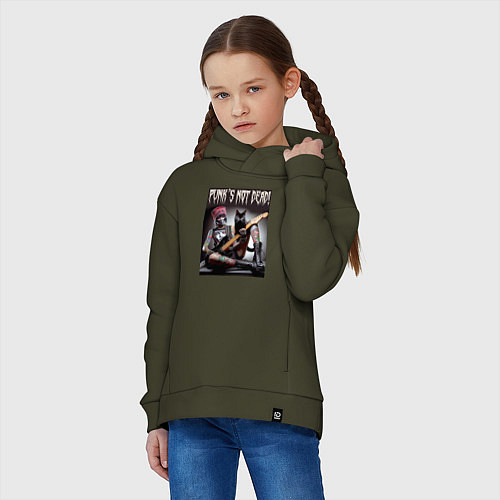 Детское худи оверсайз Punk girl with a black cat and a guitar / Хаки – фото 3