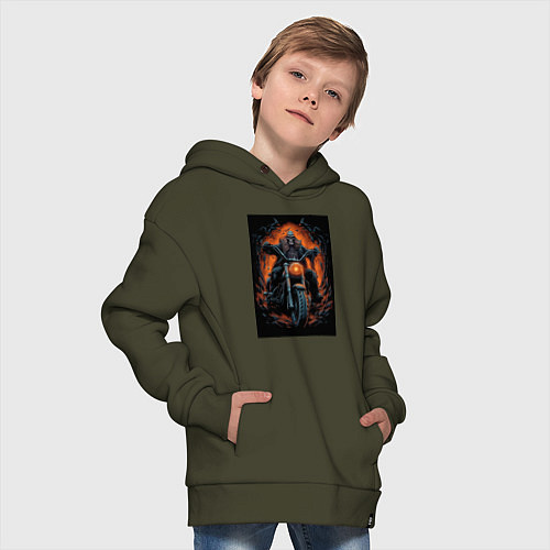 Детское худи оверсайз Скелет сатаны едет на старом мотоцикле / Хаки – фото 4