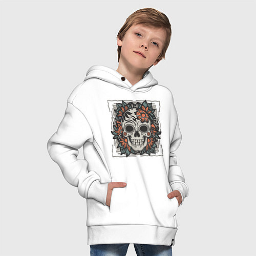 Детское худи оверсайз Ретро татуировка с цветами и черепом / Белый – фото 4