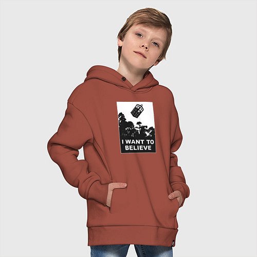 Детское худи оверсайз Тардис - я хочу верить / Кирпичный – фото 4