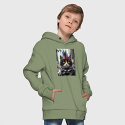 Толстовка оверсайз детская Кот панк с разноцветным хаером - Нью-Йорк, цвет: авокадо — фото 2