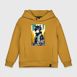 Толстовка оверсайз детская Девочка котёнок - нейросеть, цвет: горчичный