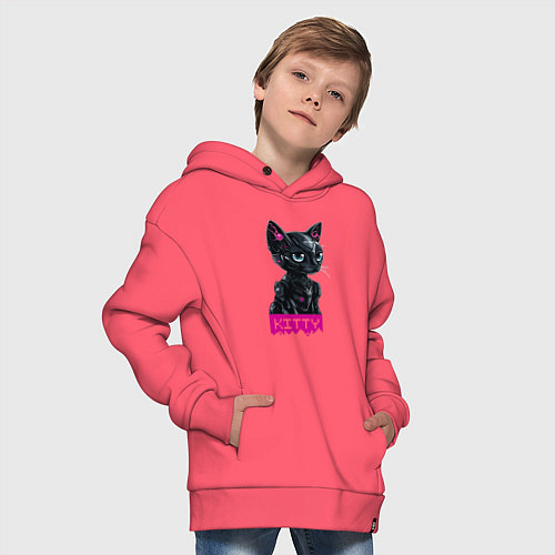 Детское худи оверсайз Киберкошка чёрная - cyber kitty black / Коралловый – фото 4