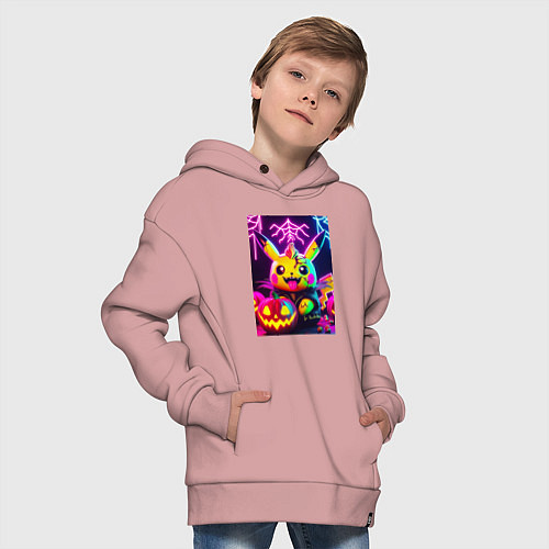 Детское худи оверсайз Зомби Пикачу с тыквой - неоновое свечение / Пыльно-розовый – фото 4