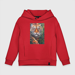 Толстовка оверсайз детская Охотящийся тигр, цвет: красный