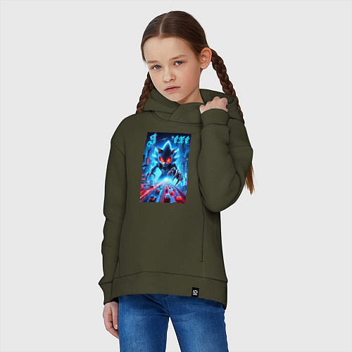 Детское худи оверсайз Hedgehog in neon metropolis - ai art / Хаки – фото 3