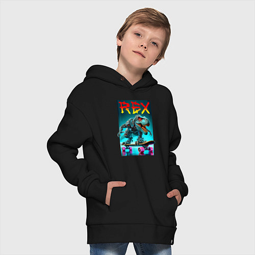 Детское худи оверсайз Tyrannosaur rex on a skateboard - ai art fantasy / Черный – фото 4