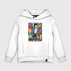 Толстовка оверсайз детская Бендер с гитарой и Фрай - граффити, цвет: белый