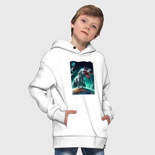 Детское худи оверсайз Bender bending robot and tyrannosaurus - planet ex / Белый – фото 4