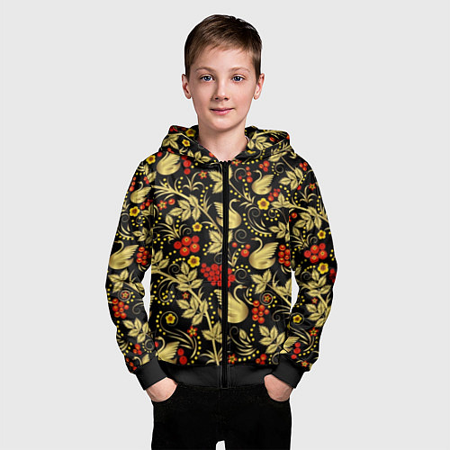 Детская толстовка на молнии Хохлома золотые лебеди / 3D-Черный – фото 3