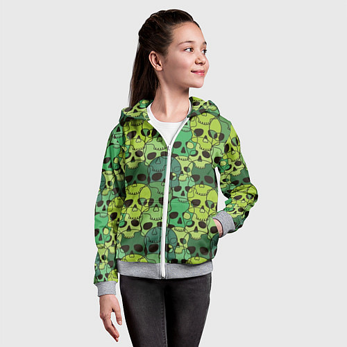 Детская толстовка на молнии Зеленые черепа - паттерн / 3D-Меланж – фото 4