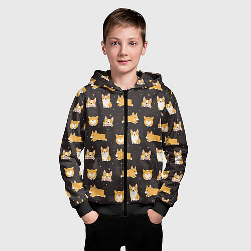 Детская толстовка на молнии Вельш корги бемброк - забавные щенки паттерн / 3D-Черный – фото 3