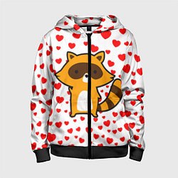 Толстовка на молнии детская Енот в сердечках, цвет: 3D-черный