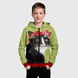 Толстовка на молнии детская Кот и цветы, цвет: 3D-красный — фото 2