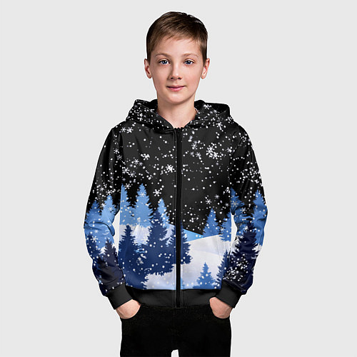Детская толстовка на молнии Снежная ночь в зимнем лесу / 3D-Черный – фото 3