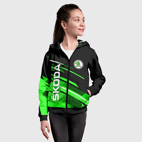 Детская толстовка на молнии ШКОДА ЧЕРНО ЗЕЛЕНЫЕ ПОЛОСЫ / 3D-Черный – фото 4