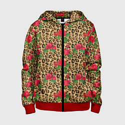 Толстовка на молнии детская Шкура Леопарда в Цветах, цвет: 3D-красный