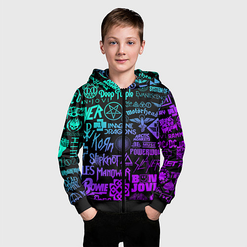 Детская толстовка на молнии ЛОГОТИПЫ РОК ГРУПП НЕОН ROCK NEON / 3D-Черный – фото 3