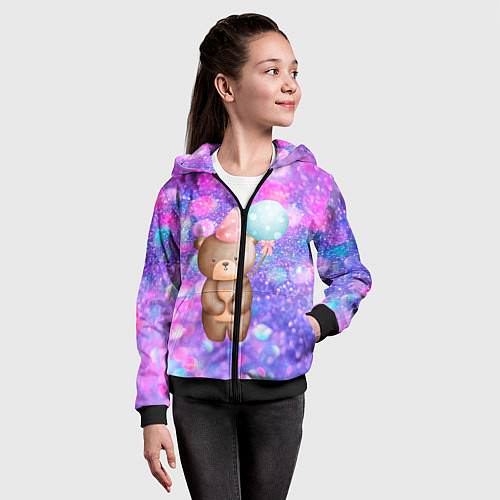 Детская толстовка на молнии День Рождения - Медвежонок с шариками / 3D-Черный – фото 4