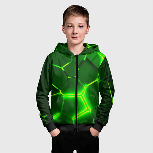 Детская толстовка на молнии 3D ПЛИТЫ НЕОН NEON GREEN HEXAGON РАЗЛОМ / 3D-Черный – фото 3