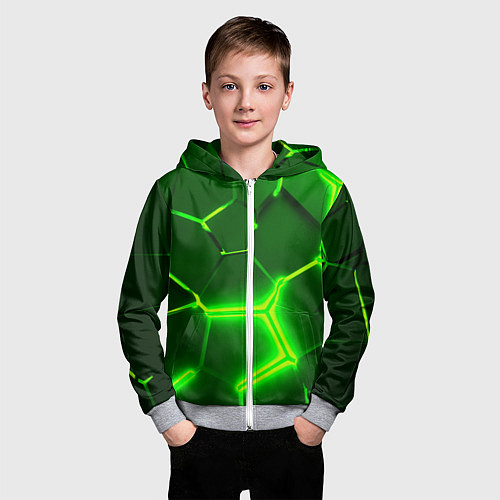 Детская толстовка на молнии 3D ПЛИТЫ НЕОН NEON GREEN HEXAGON РАЗЛОМ / 3D-Меланж – фото 3