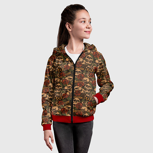 Детская толстовка на молнии Черепа с оружием и розами / 3D-Красный – фото 4