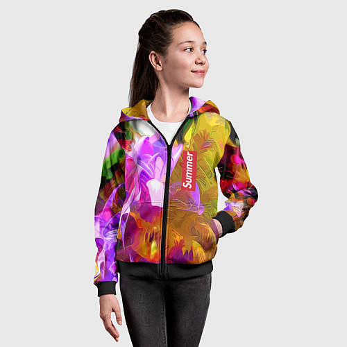 Детская толстовка на молнии Красочный цветочный узор Лето Colorful Floral Patt / 3D-Черный – фото 4