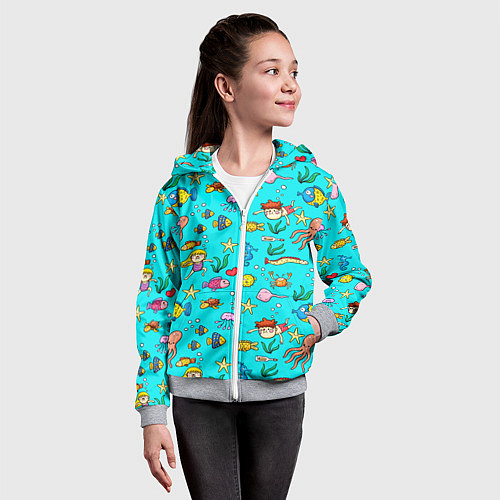 Детская толстовка на молнии КУПАНИЕ ДЕТЕЙ С МОРСКИМИ ОБИТАТЕЛЯМИ / 3D-Меланж – фото 4