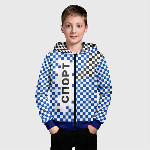 Детская толстовка на молнии Спорт - бело-сине-чёрный клетчатый вариант / 3D-Синий – фото 3