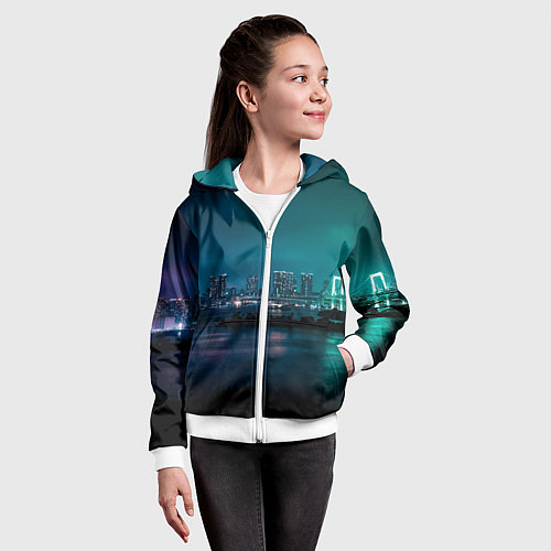 Детская толстовка на молнии Неоновый город с рекой - Светло-зелёный / 3D-Белый – фото 4